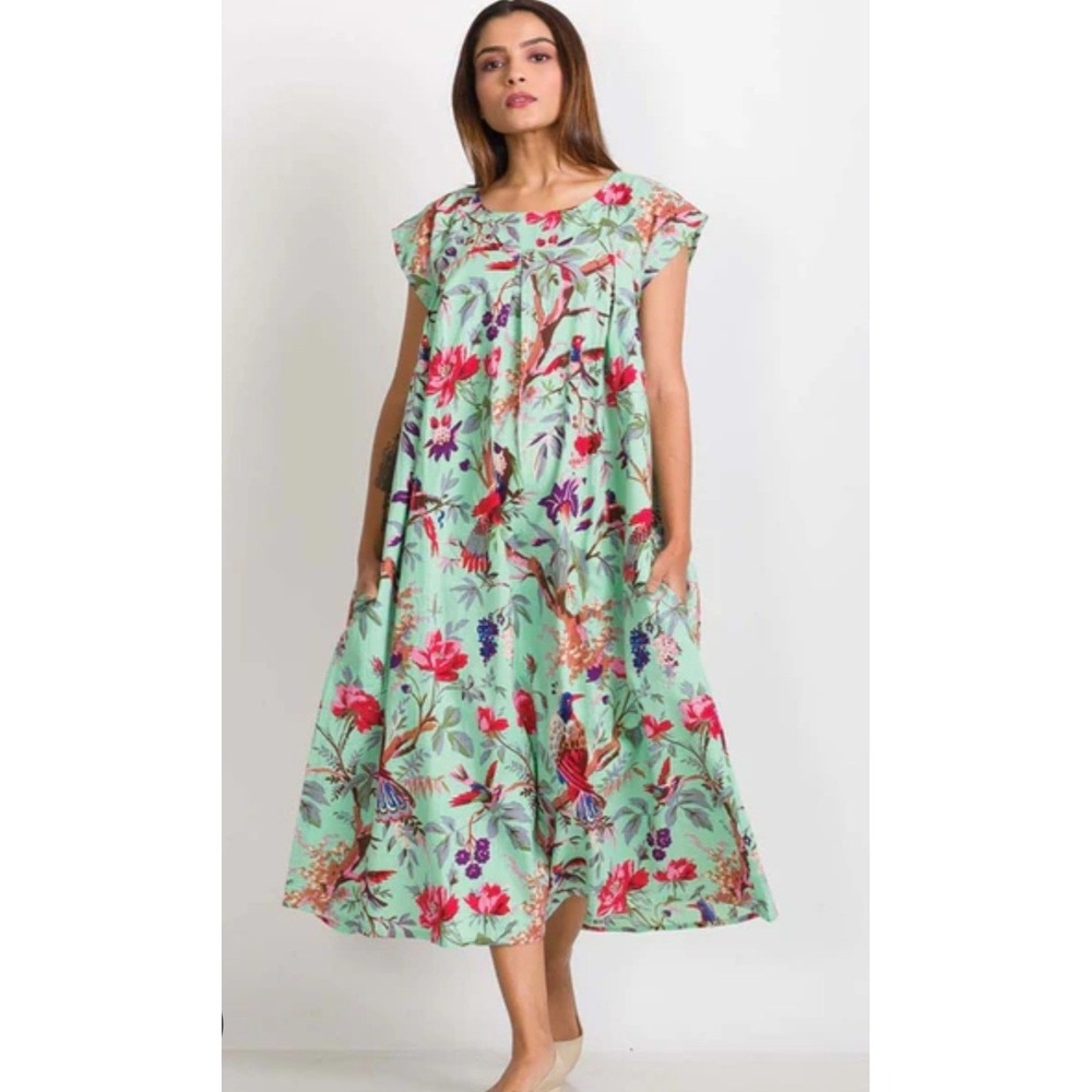 Boho Coastal Tropical Sevya Handmade Midi Dress Women L/XL Green Bird Sleeveless